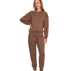 Zenana Scuba Crewneck Pullover & Joggers 2 Pieces Set